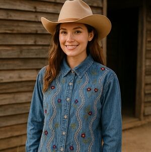 Bedford Fair Denim Floral embroidered Western boho Cotton Medium P Vtg